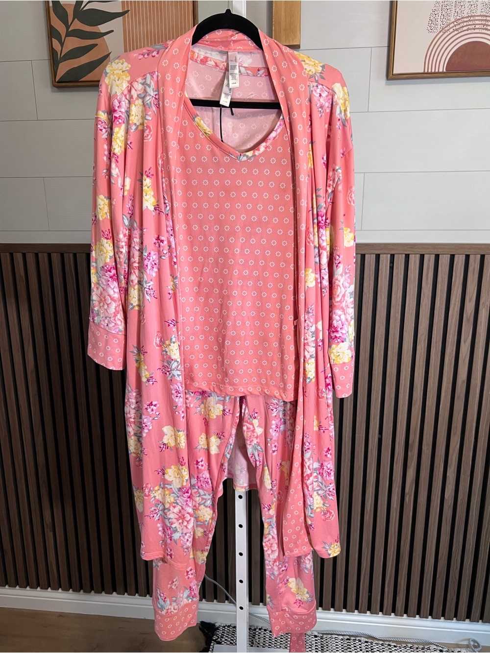 3 Piece Pink Floral Lounge Wear - Tank Top, Pants, and Cover
